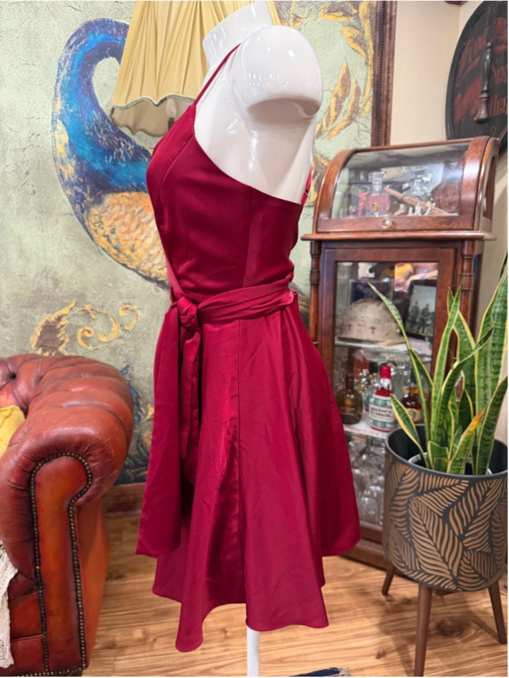 Lulus Women Burgundy Red Satin Halter Wrap Skater Cocktail Dress Size Small EUC - Picture 4 of 11